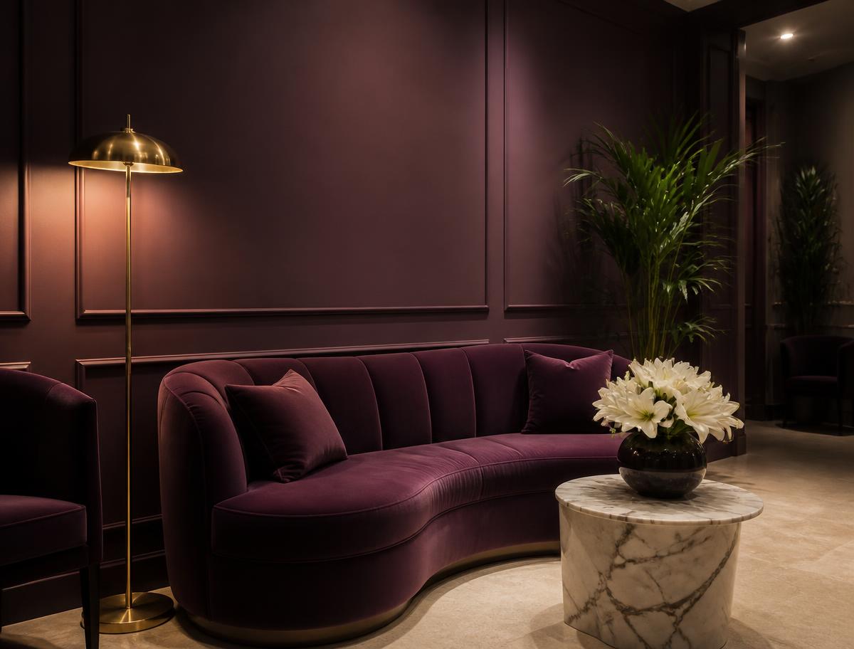Sala de espera com sofá de veludo roxo e iluminação dourada